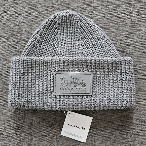 Coach Wool Women's Grey Classic Ribbed Patch Cuff Winter Beanie hat - Picture 1 of 7